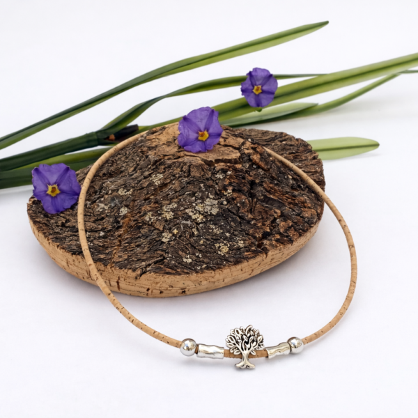 Colar em Cortiça Natural com Árvore da Vida em Prata e Contas em Prata
