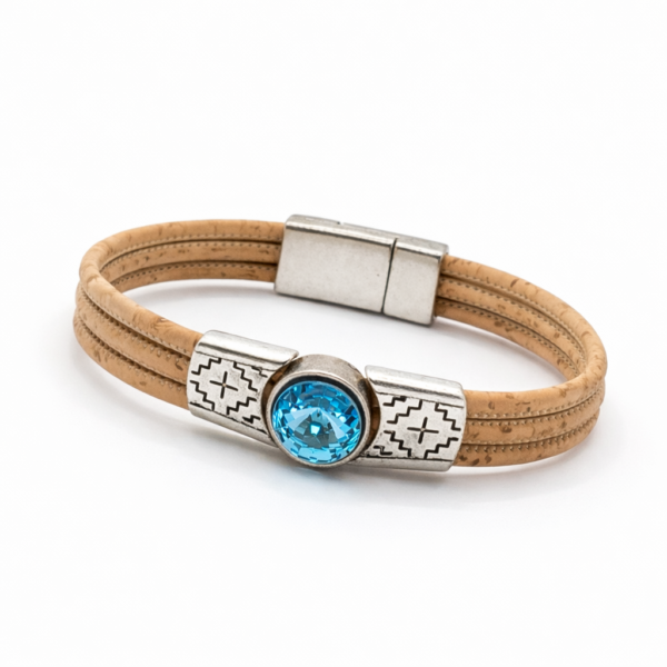 Pulseira Três Fios em Cortiça Natural com Azul Brilhante