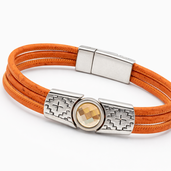 Pulseira Três Fios em Cortiça Laranja com Brilhante