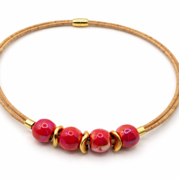 Colar Cortiça Duas Voltas Cerâmicas Vermelhas