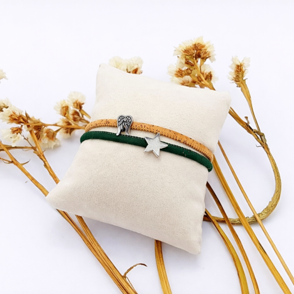 Pulseira em Cortiça Natural e Verde com Estrela em Prata