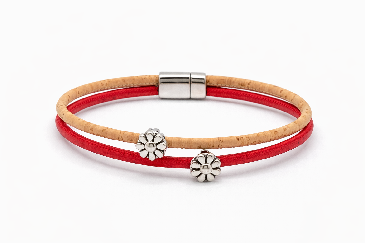 Pulseira de Cortiça Natural e Laranja com Contas em Flor - Image 3