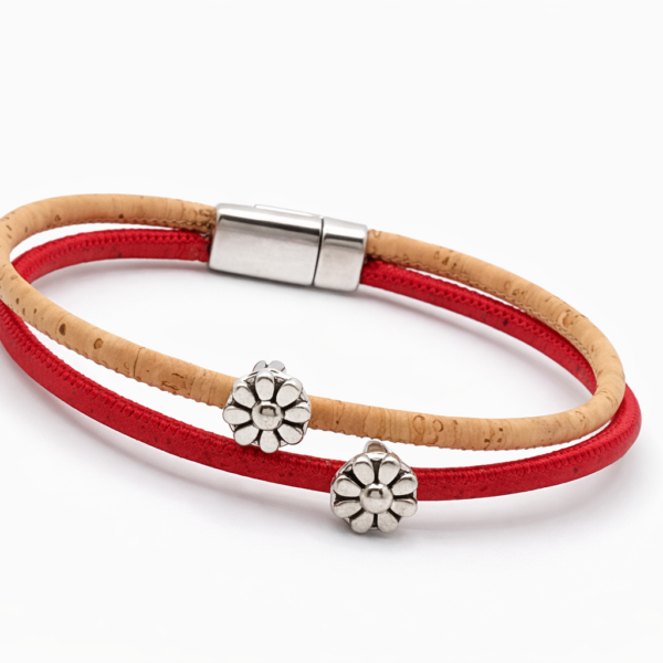 Pulseira de Cortiça Natural e Laranja com Contas em Flor