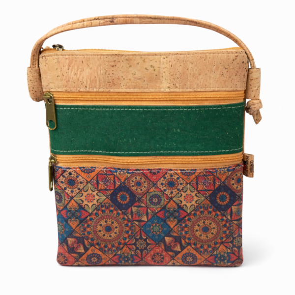 Mala Tiracolo em Cortiça Natural e Verde com Padrões Geométricos