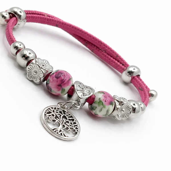 Pulseira em Cortiça Rosa com Contas Prateadas