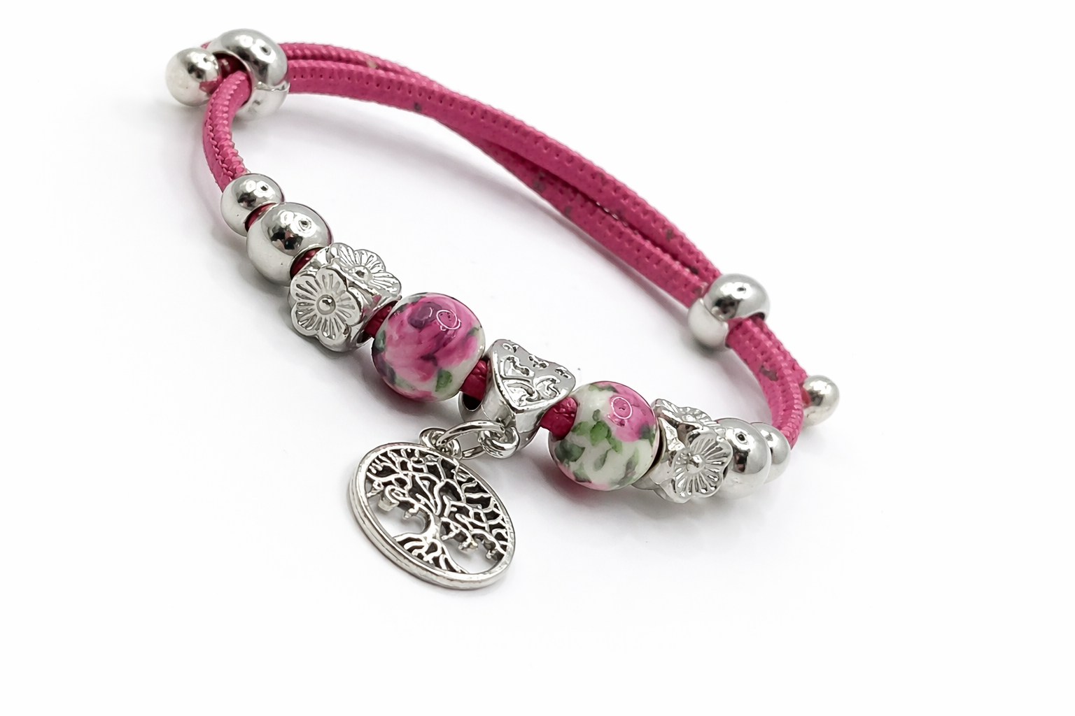 Pulseira em Cortiça Rosa com Contas Prateadas