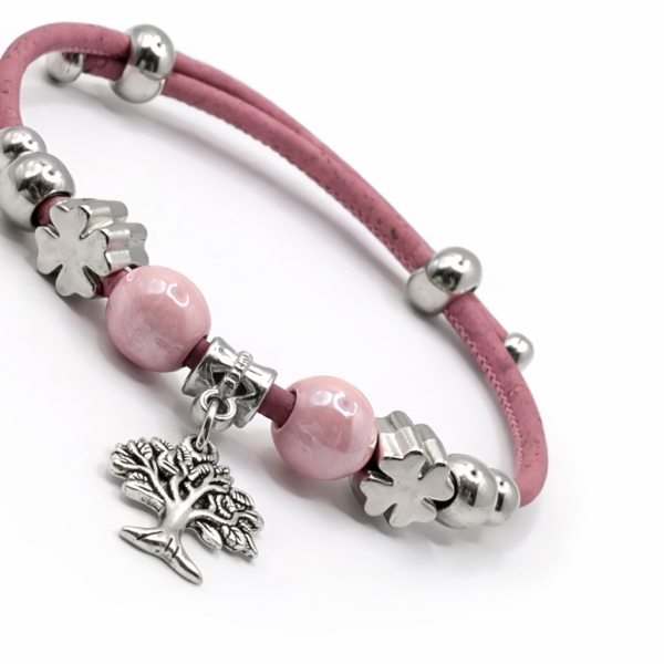 Pulseira em Cortiça Rosa Claro com Contas Prateadas