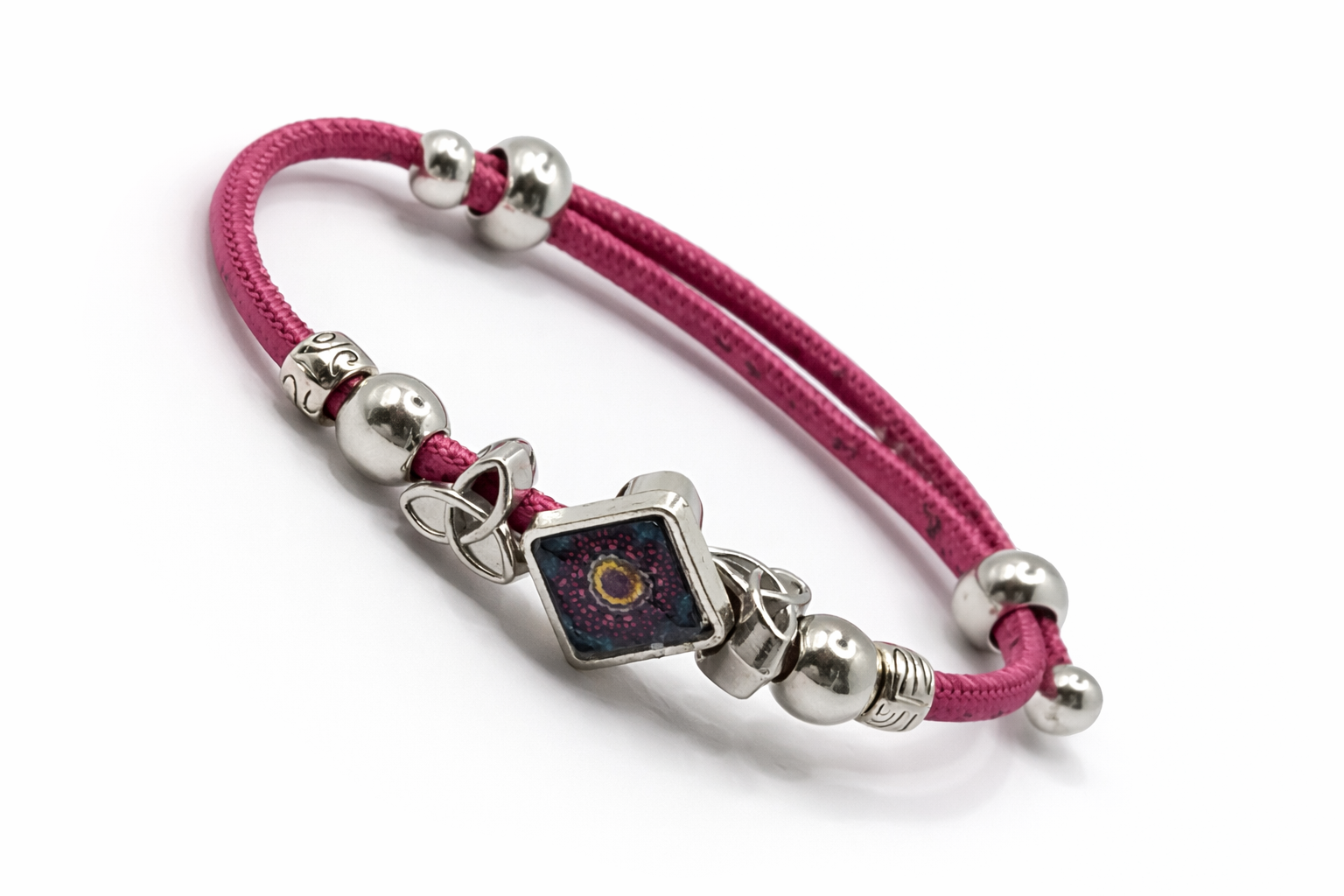 Pulseira em Cortiça Rosa com Contas Prateadas
