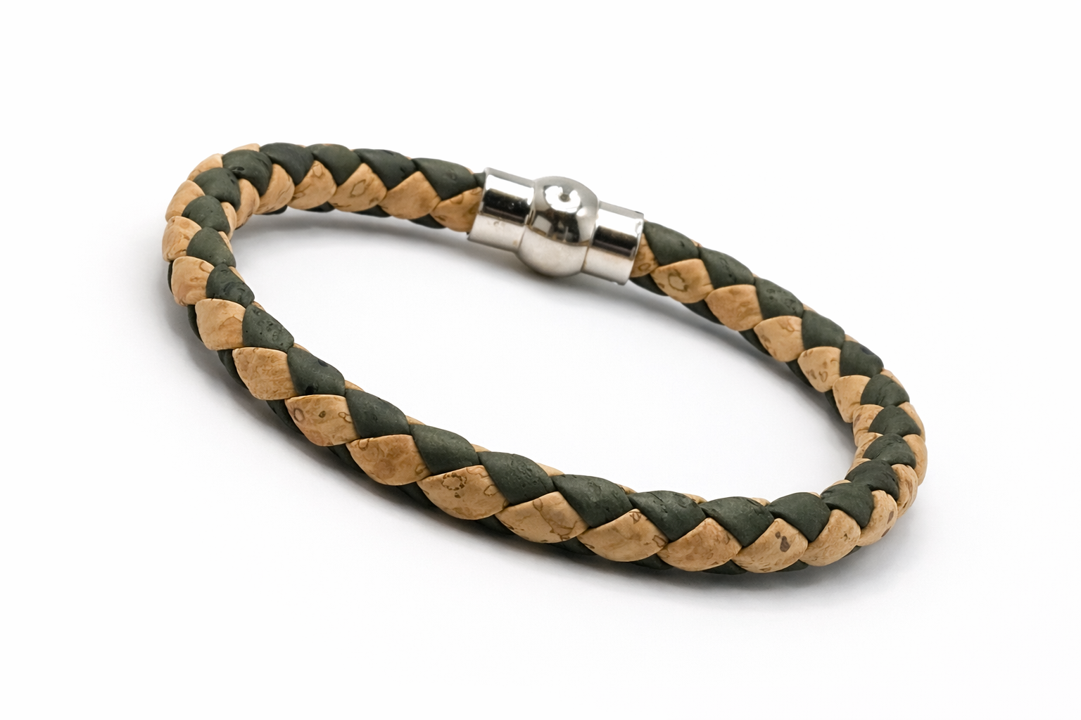 Pulseira em Cortiça Natural e Verde Escuro Entrelaçada