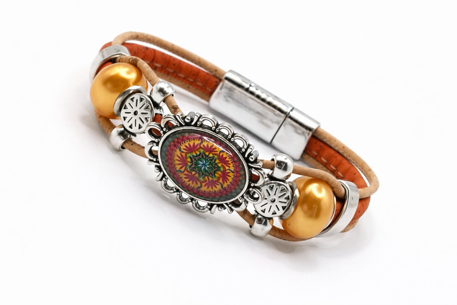 Pulseira em Cortiça Laranja com Mandala