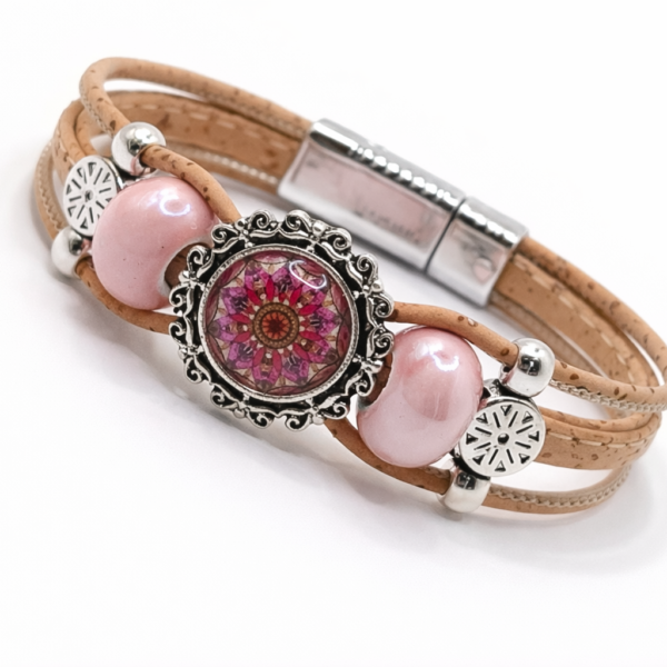 Pulseira em Cortiça Rosa Claro com Mandala