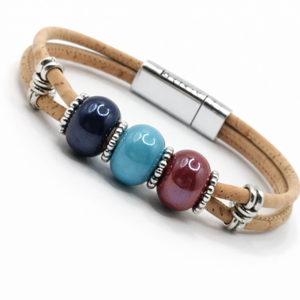 Pulseira em Cortiça com Contas Coloridas e Contas Prateadas