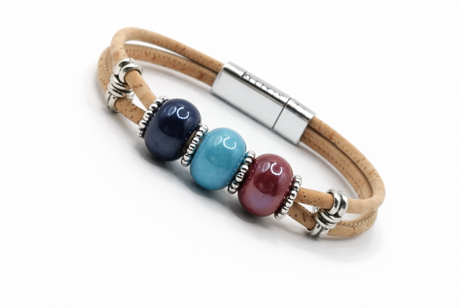 Pulseira em Cortiça com Contas Coloridas e Contas Prateadas