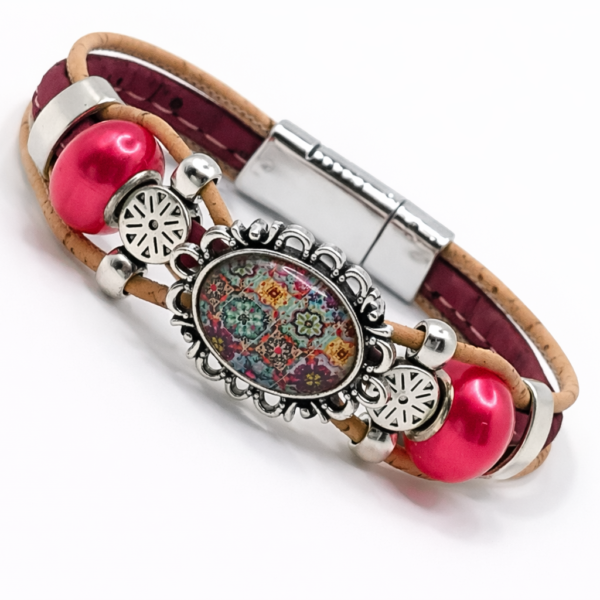 Pulseira em Cortiça Natural e Vermelha com Cabochão