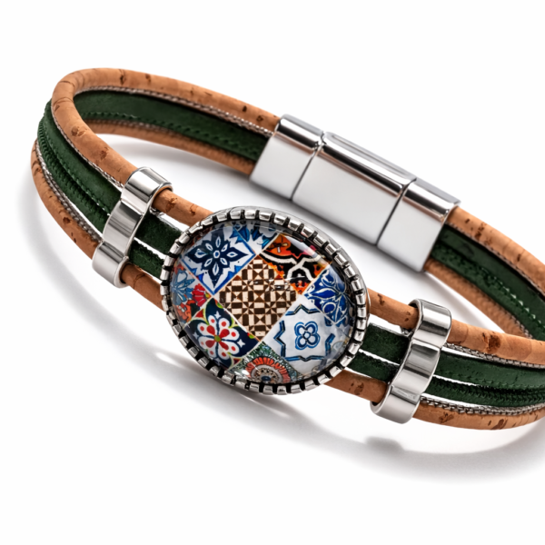 Pulseira em Cortiça Natural e Verde com Detalhe em Mosaico