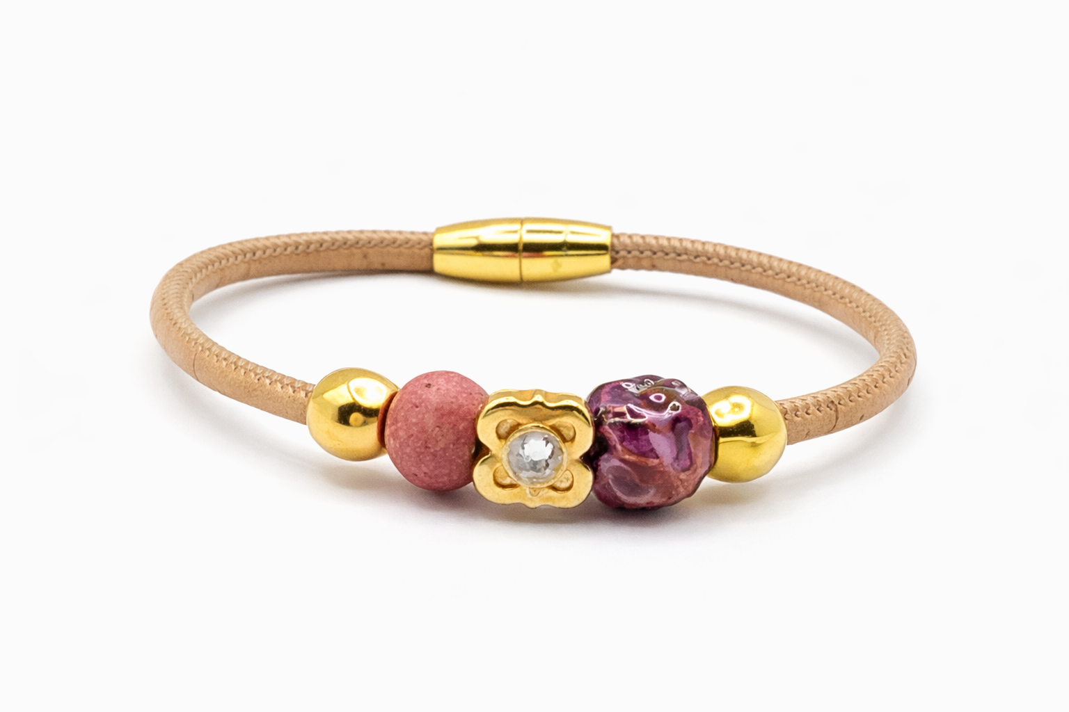 Pulseira feita à mão em cortiça natural com pedras rugosas - Image 2