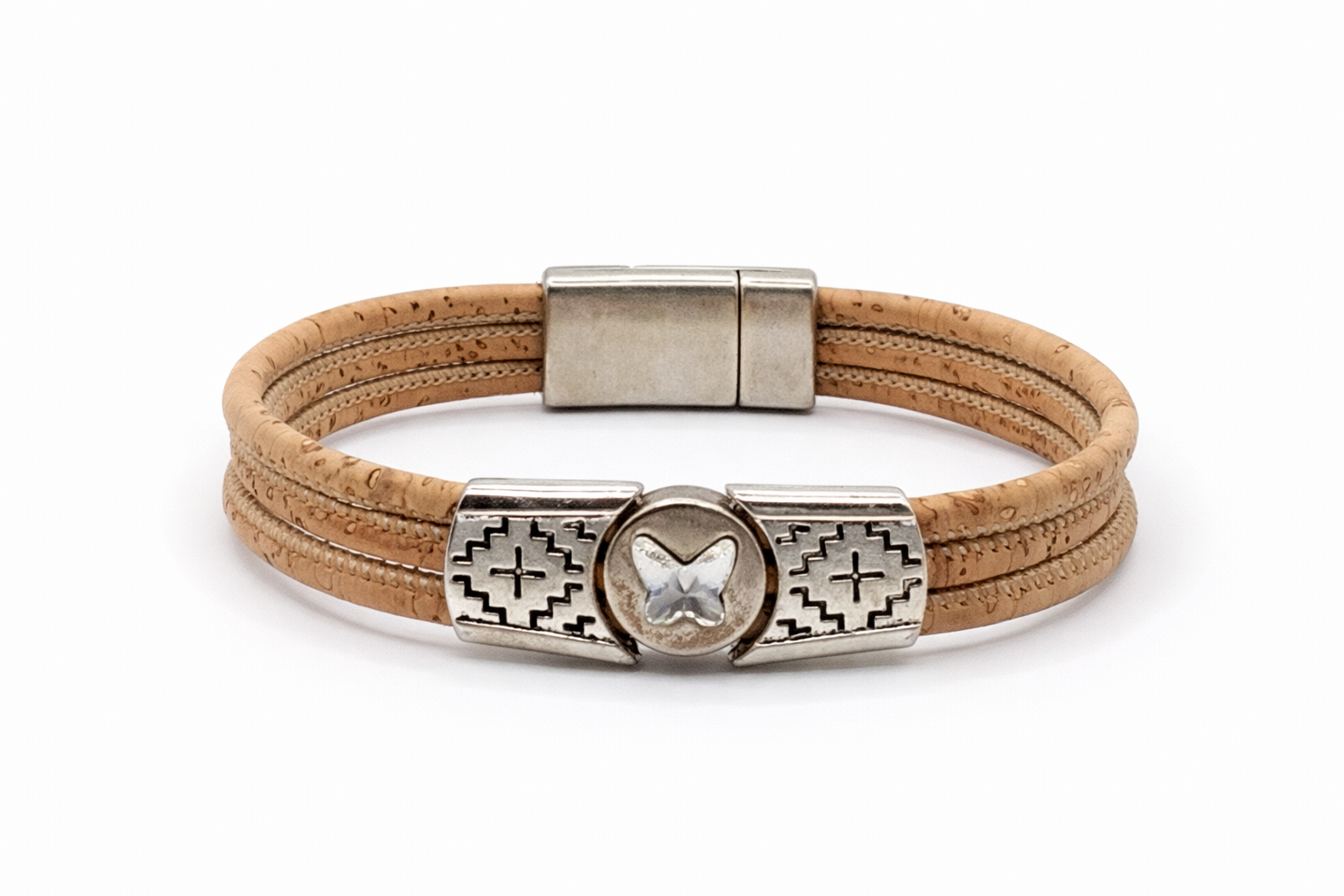 Pulseira de Cortiça Natural de Três Voltas com Borboleta - Image 2