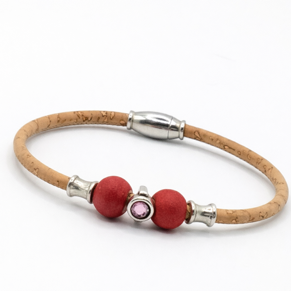 Pulseira em Cortiça Natural com Contas em Madeira Vermelhas