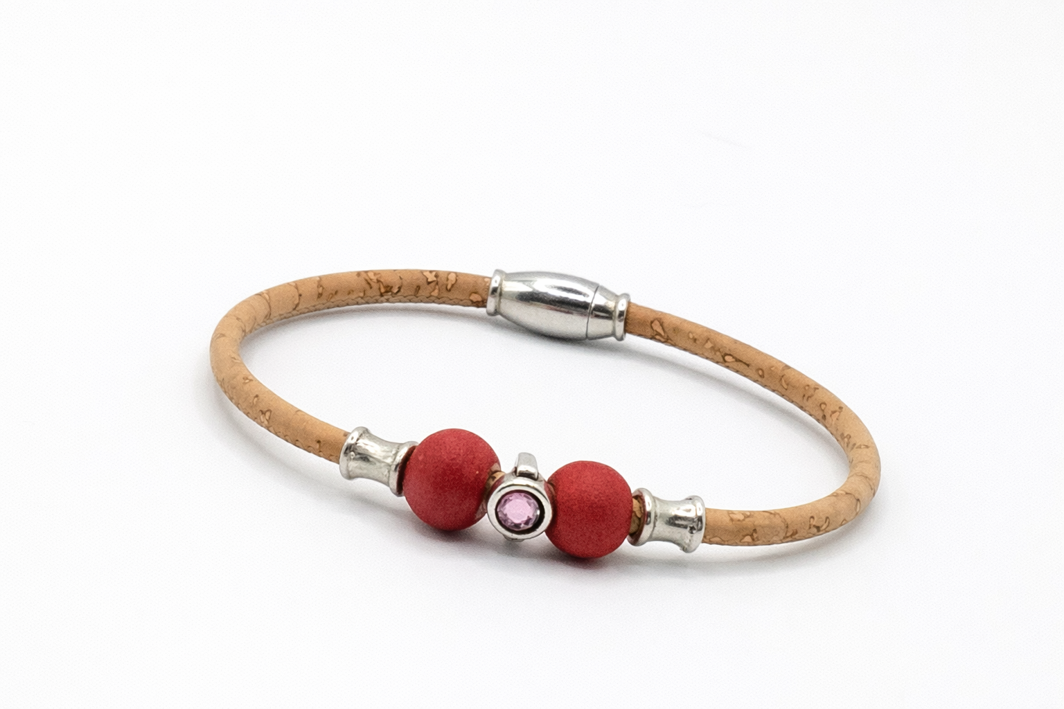 Pulseira em Cortiça Natural com Contas em Madeira Vermelhas