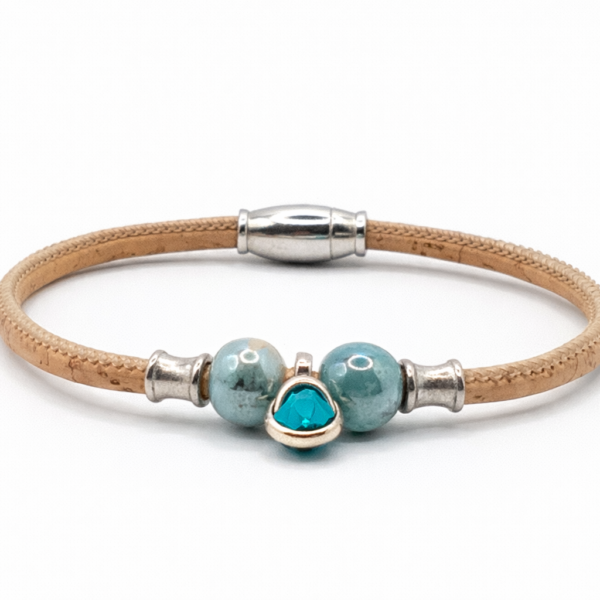 Pulseira em cortiça natural com um brilhante azul