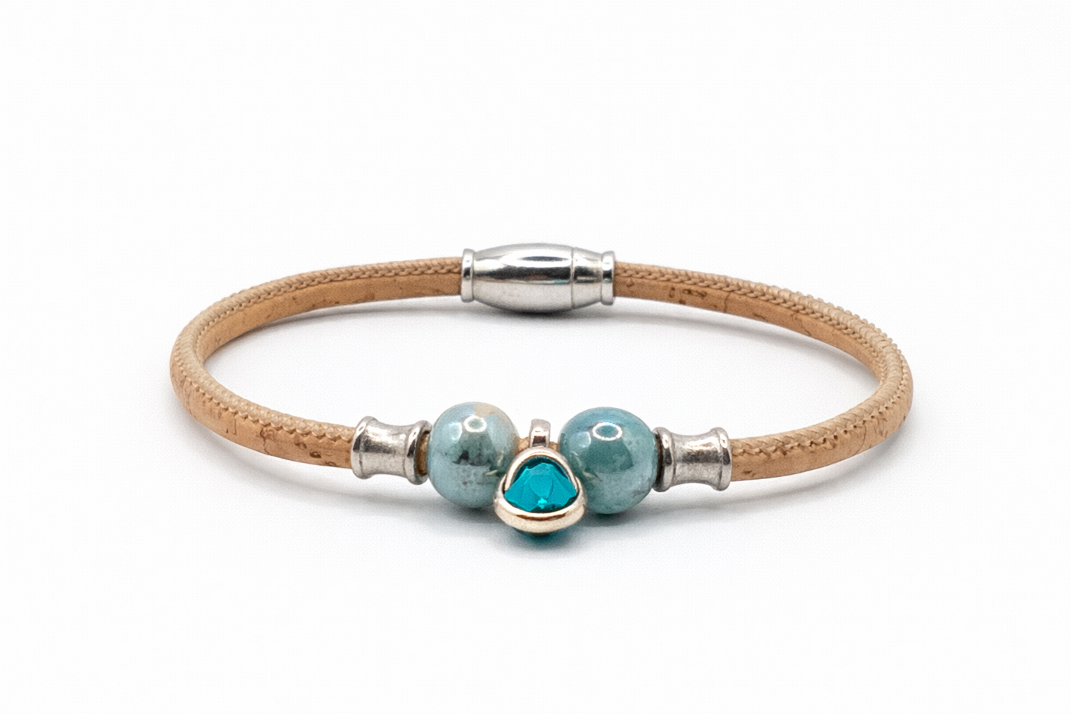 Pulseira em cortiça natural com um brilhante azul