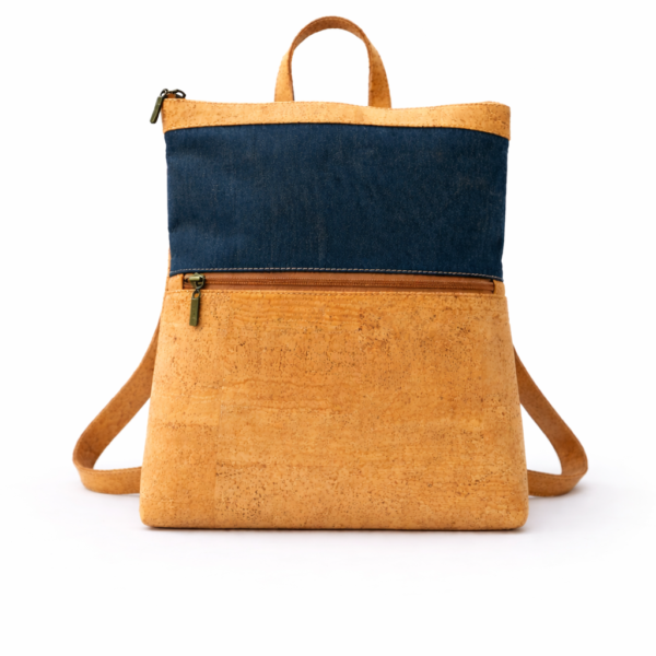 Mochila Bicolor em Cortiça Natural e Azul Escuro