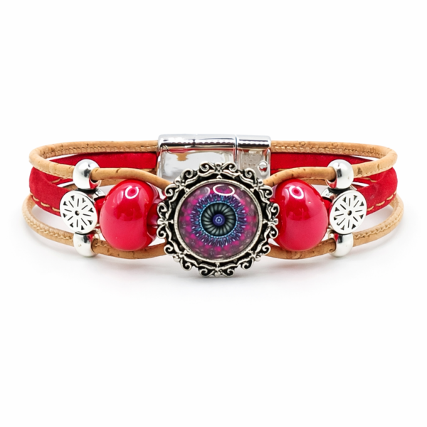 Pulseira em Cortiça Natural e Cortiça Vermelha com Detalhe em Olho Vítreo
