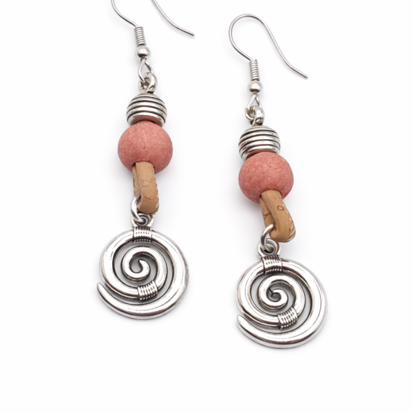 Brincos em Cortiça com Espiral e Bola de Madeira Rosa