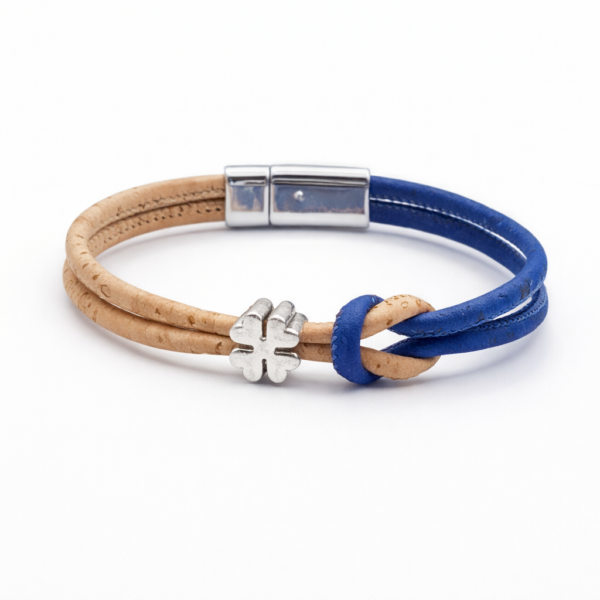 Pulseira em cortiça natural e azul com flor em prata