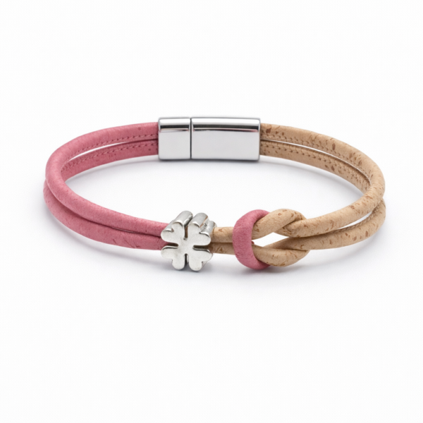 Pulseira em cortiça natural e rosa com flor em prata