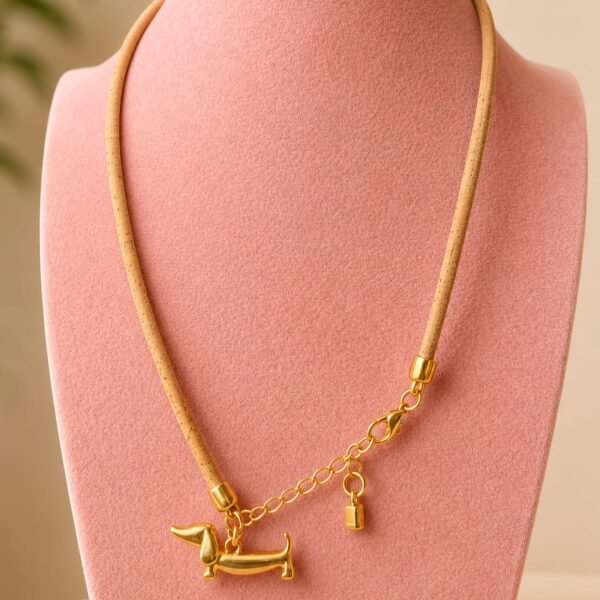 Natural Cork Necklace with Golden Dog Pendant