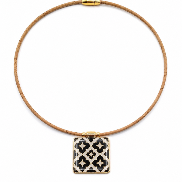 Natural Cork Necklace with Black Arabesque Tile Gold-Plated Pendant
