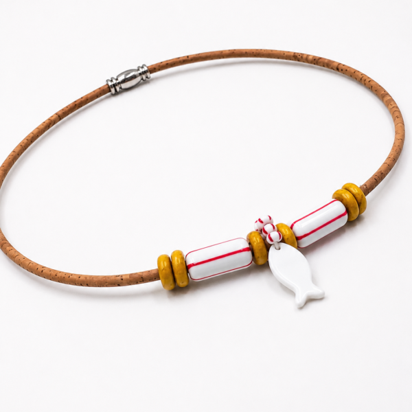 Natural Cork Necklace with Ceramic Fish Pendant & Magnetic Clasp
