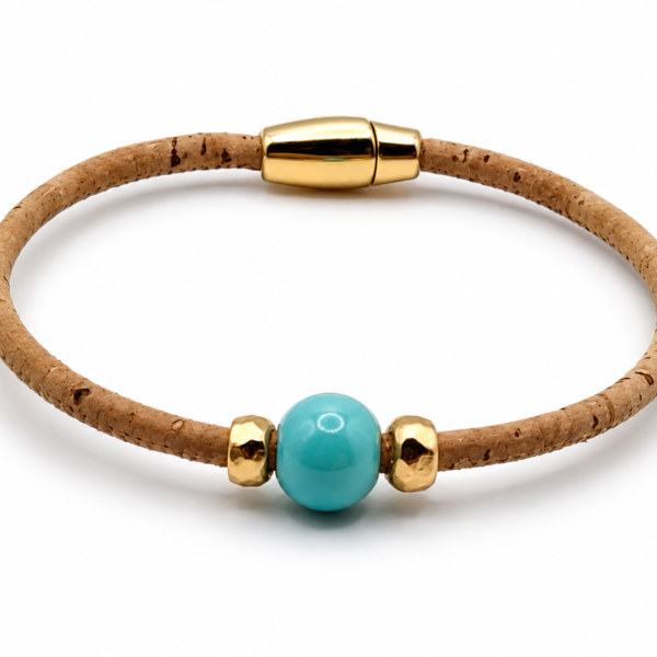 Natural Cork Bracelet with Blue Wooden Bead and Gold-Plated Accents