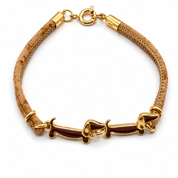 Natural Cork Bracelet with Two Gold-Plated Dog Dachshund