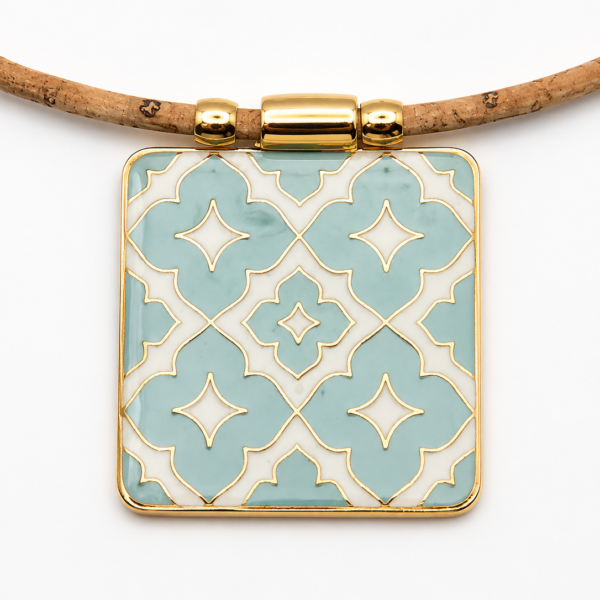 Natural Cork Necklace with Gold-Plated Arabesque Tile Pendant