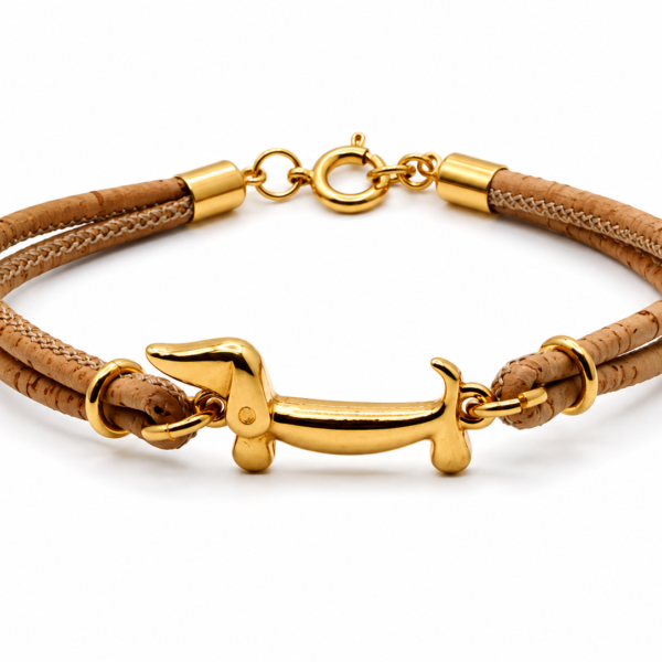 Portuguese Cork Bracelet with Gold-Plated Dog Dachshund