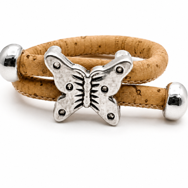 Natural Cork Ring with Silver-Colored Butterfly Beads